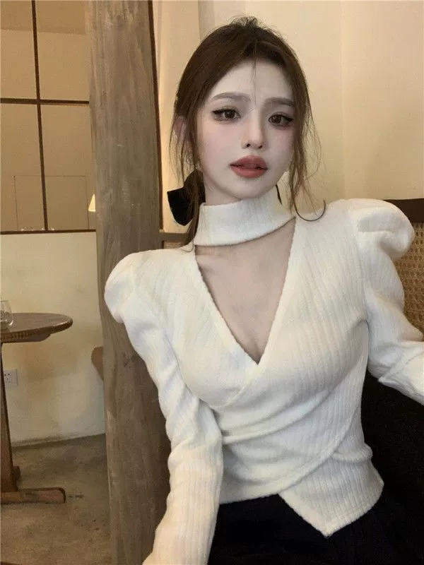 Французская тонкая куртка с перекрестным вырезом и V-образным вырезом Женская осенне-зимняя Новинка, темпераментный нижний вязаный свитер