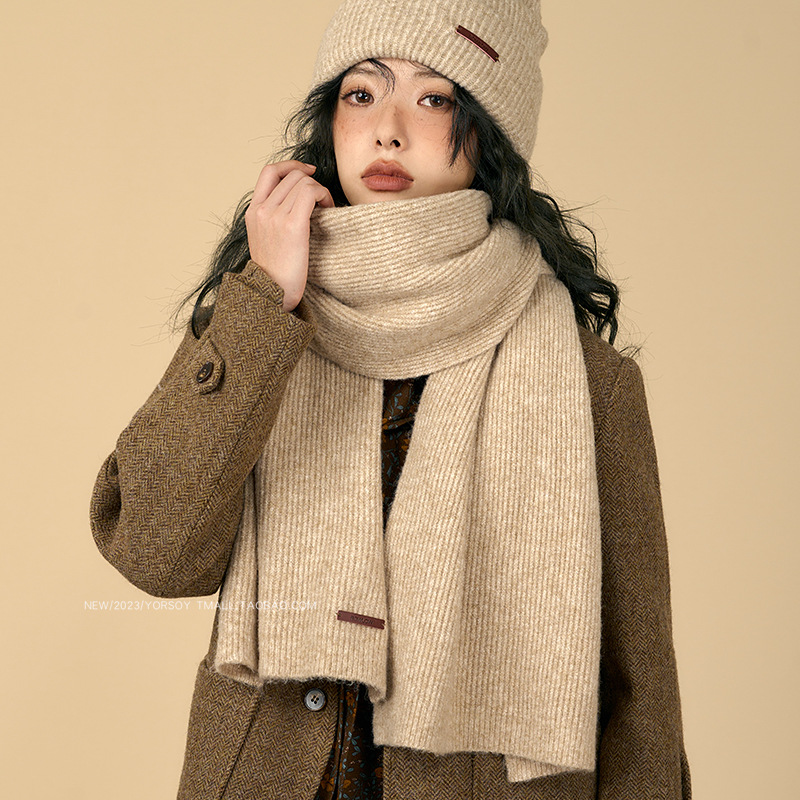 Solid color winter retro khaki knitted keep warm scarf