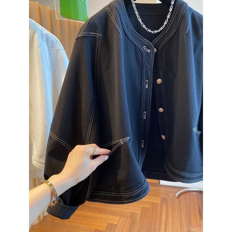 高级感明线黑色牛仔外套女春秋2025新款宽松休闲无领薄款夹克上衣|undefined