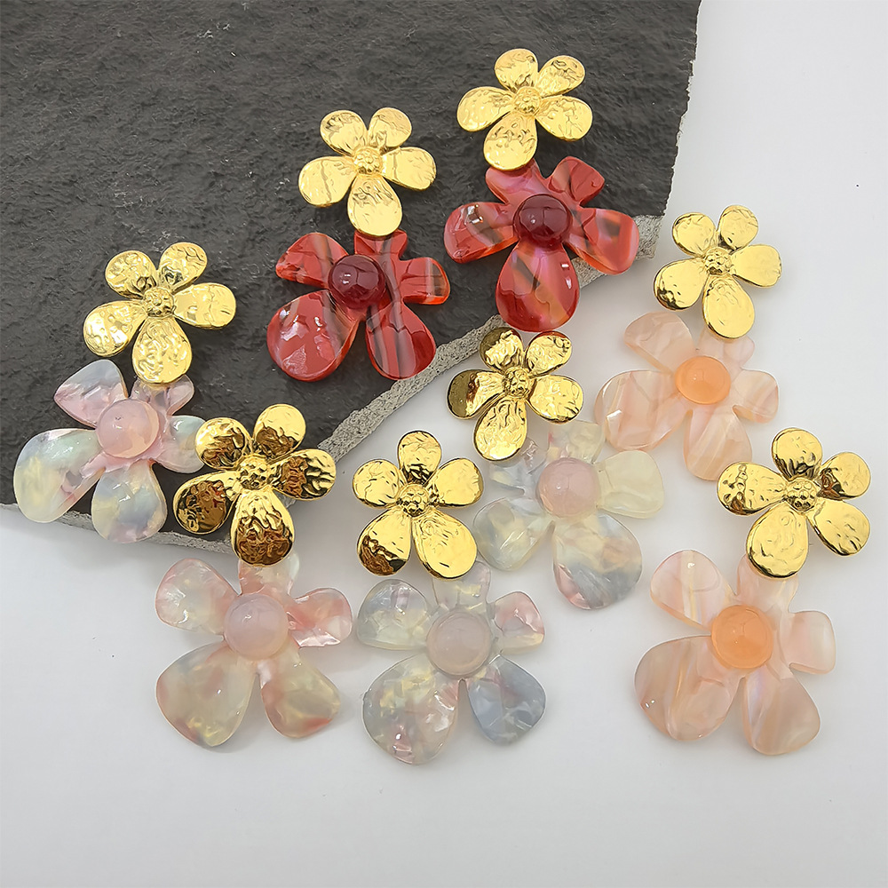 304 Stainless Steel Ear Needle Material 1 Pair Cute Vacation Flower Plating 304 Stainless Steel Drop Earrings