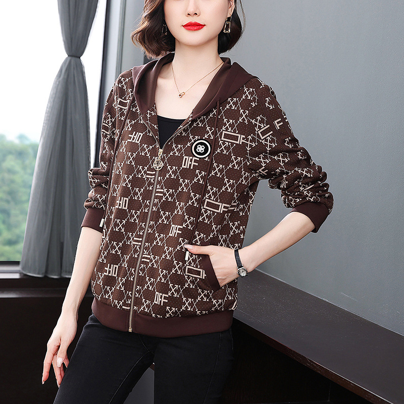 Women's Clothing Hooded jacket for women Spring and Autumn new large size loose stylish printed middle aged mother thickened short top_voghion.com
