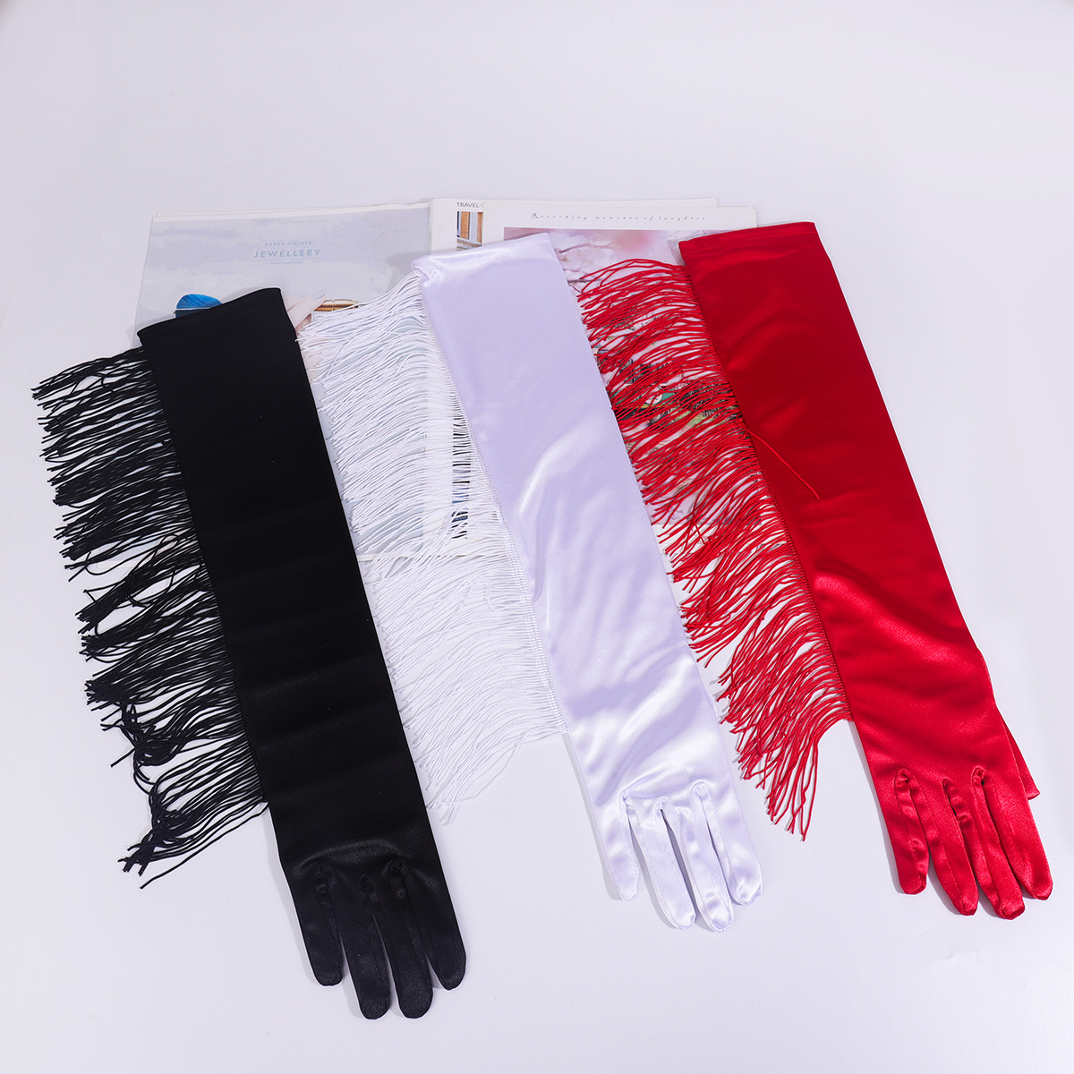 Larga borla etapa de la fiesta guantes sexy prom etiqueta guantes transfronterizos