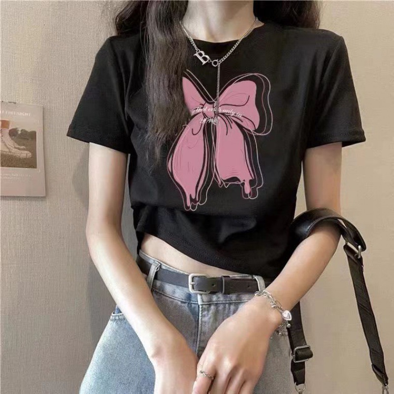 Camisas de mangas cortas americanas de alta calle caliente para mujeres 2026 verano delgado cintura alta ombligo corto de moda impresa blusa