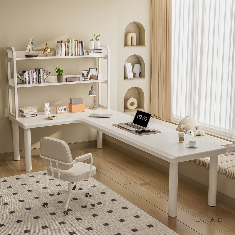 Solid Wood Corner Desk Bookshelf White Cream Style Enclosure Computer Table L-Shaped 7 Corner High and Low Bay Window Long Table