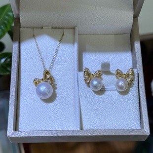 Natural Pearl suit Bow Freshwater Pearl Earrings Pendant 925 Silver 8-11mm Edison Earrings Necklace