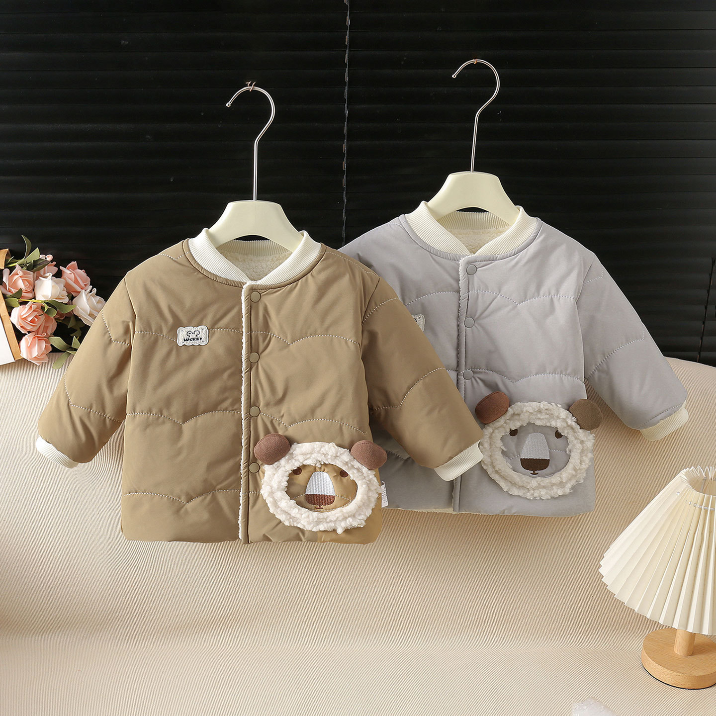 棉服男童秋冬款立领前开夹棉保暖宝宝衣服冬季加绒卡通小羊薄棉袄