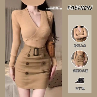 辣妹针织衫上衣套装女2026V领修身长袖纯欲秋季高腰包臀裙两件套