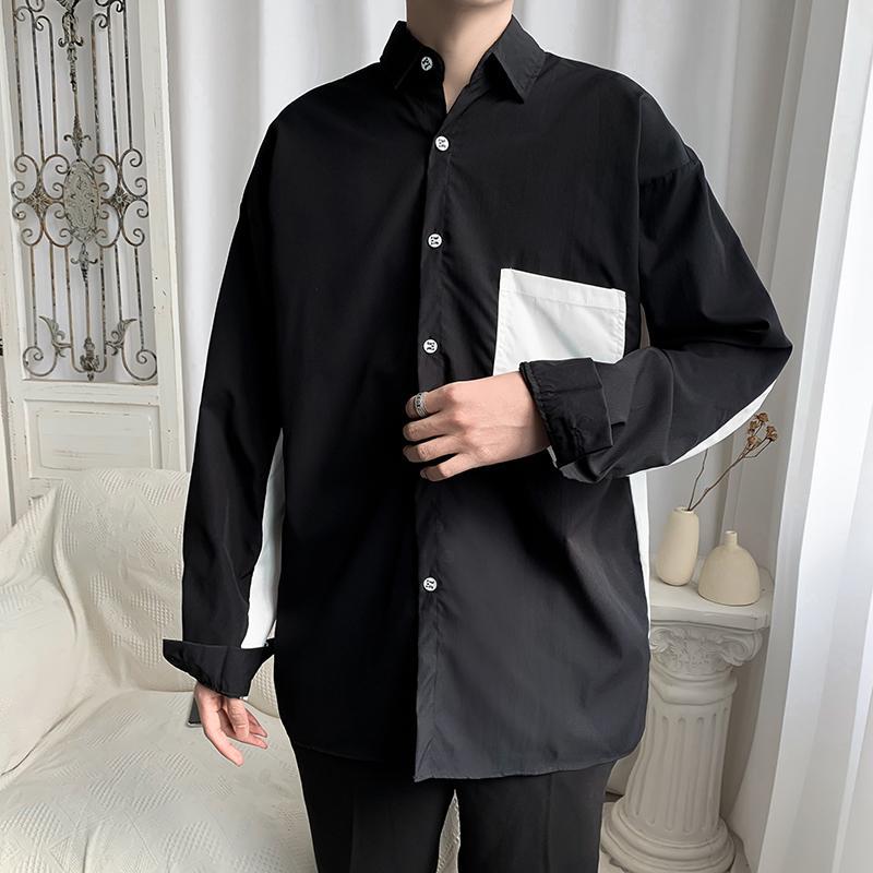 Men's Black And White Patchwork Long Sleeve Casual Shirt Trendy_voghion.com