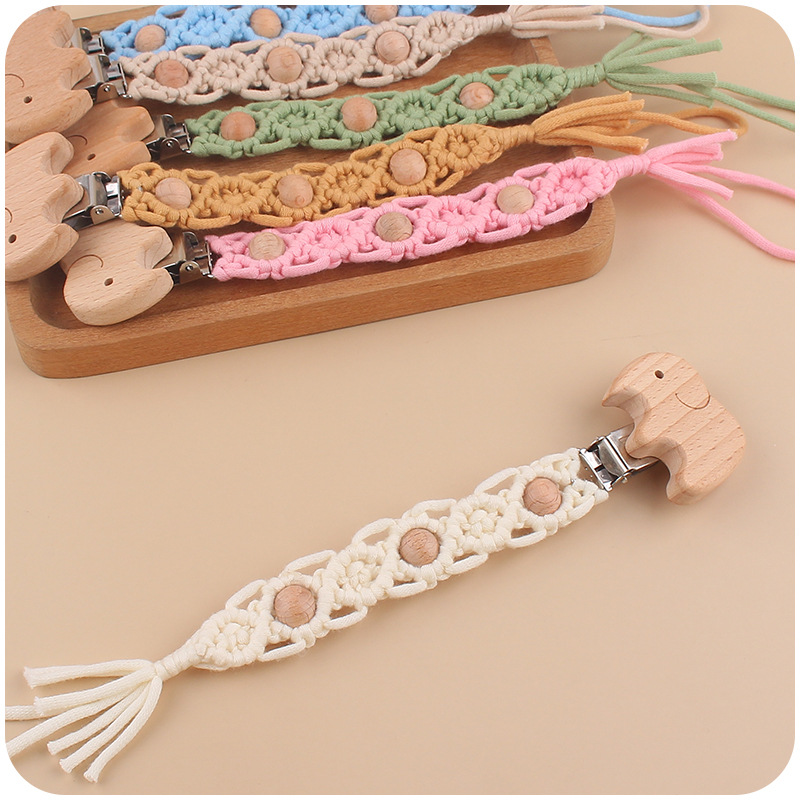Bebé suministros de haya elefante chupete clip calmante DIY bebé creativo hecho a mano de algodón cuerda tejida chupete cadena