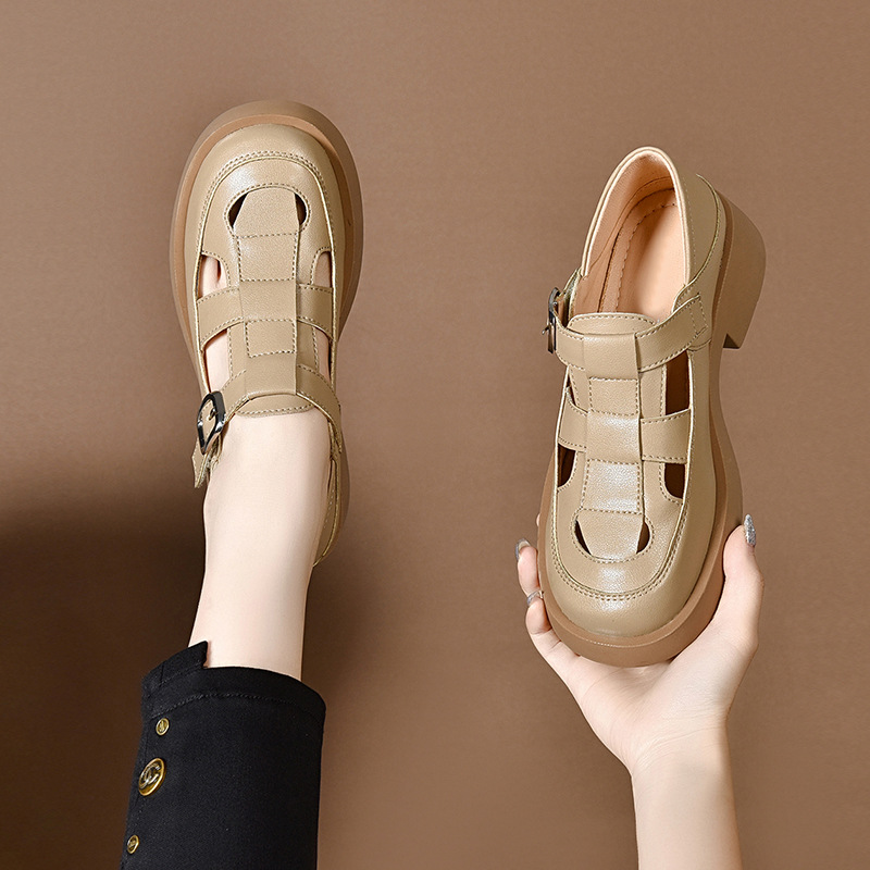 Giày sandal nữ da thật khoét lỗ mũi tròn đế dày bệt phong cách La Mã — Màu đen