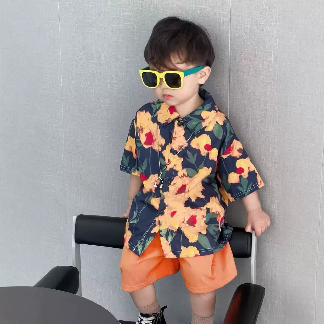 儿童套装夏季新款港风复古碎花半袖男童夏装中大童衬衫短裤两件套