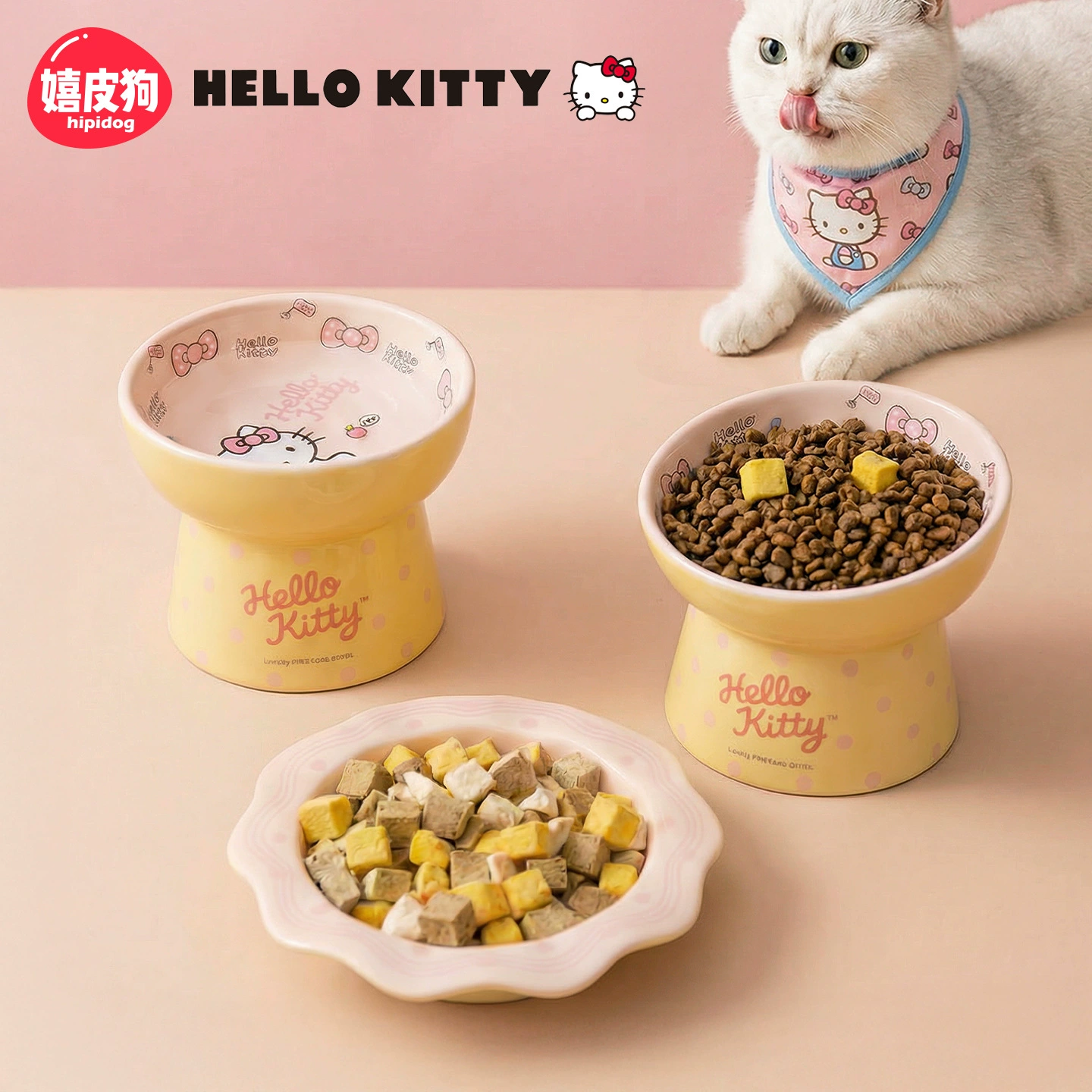 Керамическая миска Hello Kitty, высокая миска для кошек, миска для кормления, защитная стойка для шеи, большая диаметр, миска для воды для собак, миска для питомцев