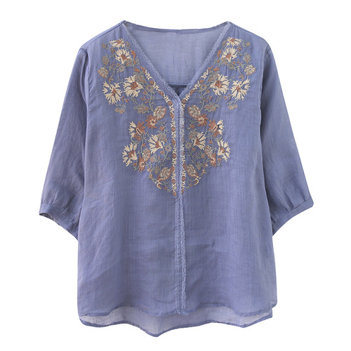 women's retro embroidered tang suit shirt button cotton and linen shirt top tea clothes for female Chinese style mid-sleeve qipao dress blouse T-shirt