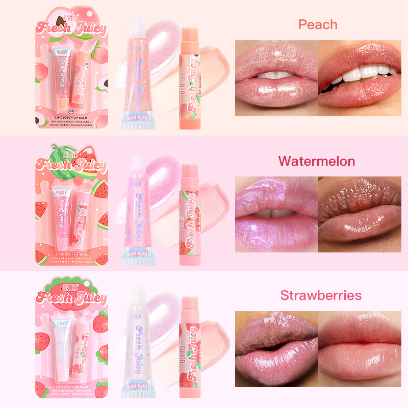 USHAS European and American Cross-border spot lápiz labial brillo de labios sabor a fruta combinación hidratante e hidratante US012