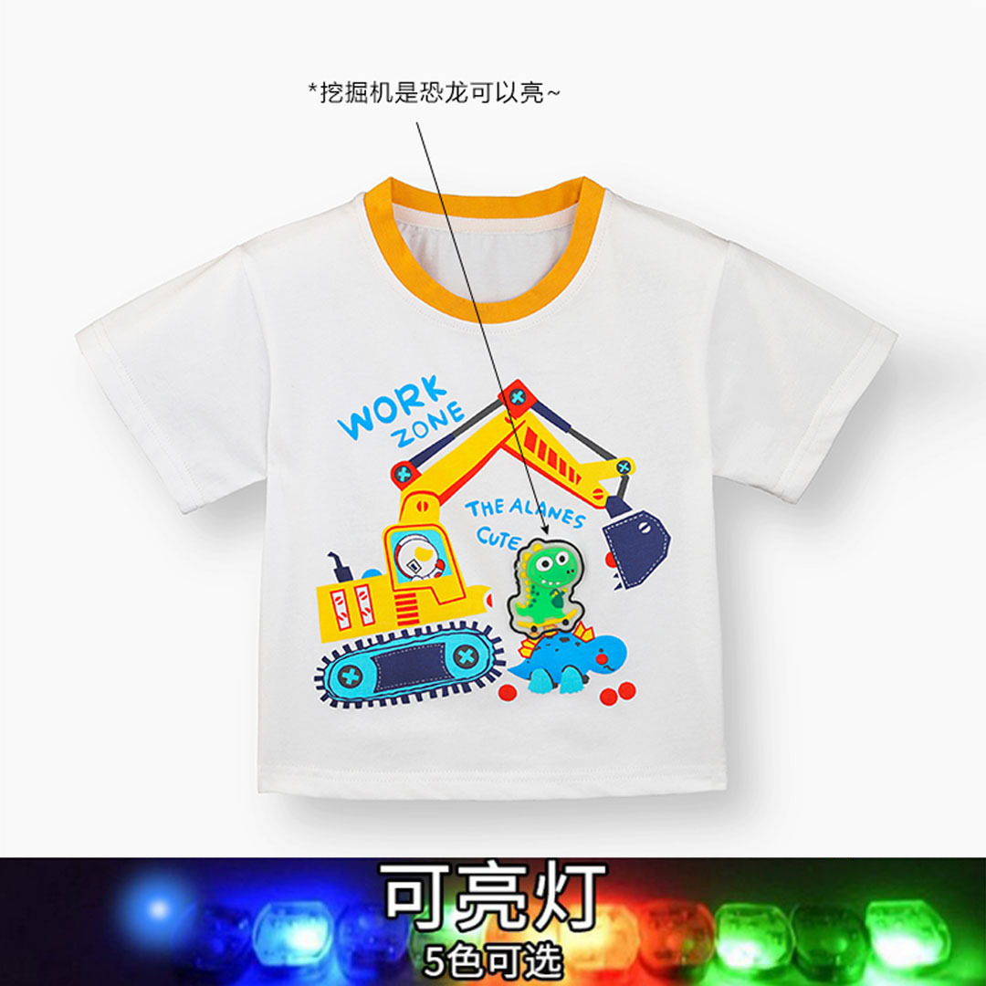 洹彩儿童短袖T恤25新款夏季亮灯彩色胸贴白上衣女童短袖新款代发