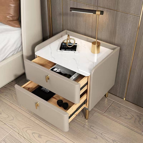 Modern Light Luxury Minimalist Bedside Table with Double Drawer, Wood and Leather Accents, Trendy Storage Cabinet for Integrated Bedside