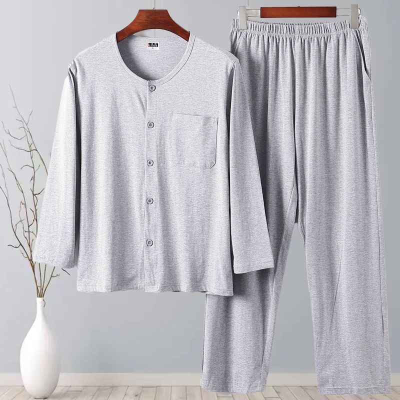 Middle-Aged and Elderly Men's Cotton Cardigan Underwear Pajamas Thin Warm Spring and Summer Air-Conditioned Shirts Home Outdoor Buttoned Large Size