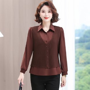2025新款中老年妈妈春秋装假两件衬衫中年女装打底衫洋气长袖上衣|undefined
