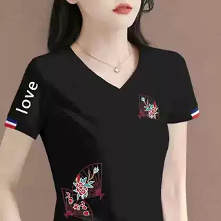 清仓捡漏外贸尾单大牌短袖t恤女宽松显瘦百搭v领上衣体桖打底衫潮