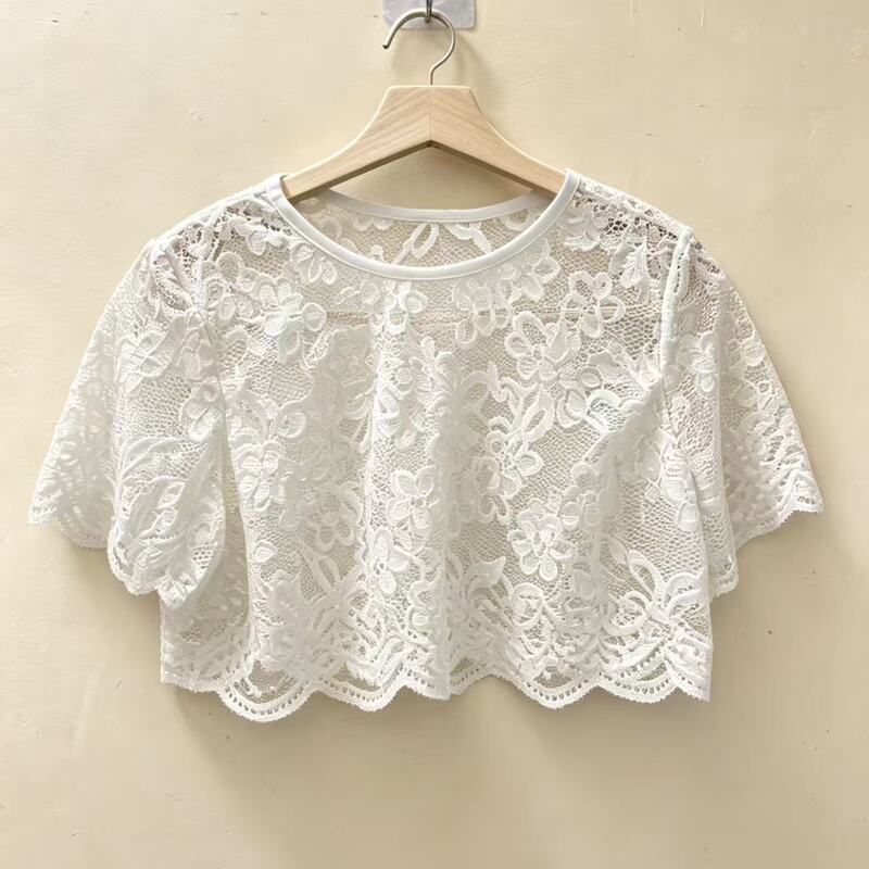 【Bulk Purchase】Arm-Covering, Versatile, Thin Mesh T-Shirt with Round Neck, Half Lace, Hollow-Out Short Sleeves, and Overlay Design