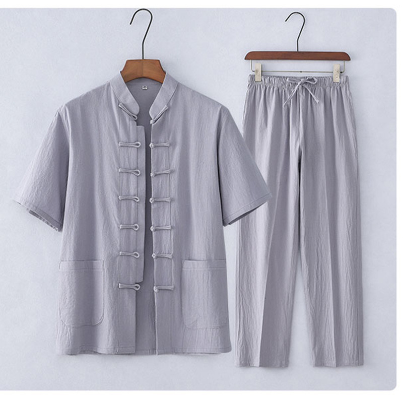 Traje Tang de estilo chino Traje de manga corta de algodón y lino para hombres de mediana edad y ancianos Traje Hanfu casual para hombres retro Traje delgado de verano