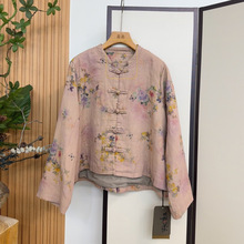 复古印花棉麻开衫女 秋季新中式盘扣双层外套 2025新款立领上衣