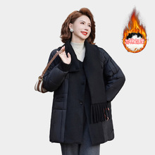 中年长款冬季妈妈装外套棉衣新款围巾领个性加厚保暖大码羽绒棉服