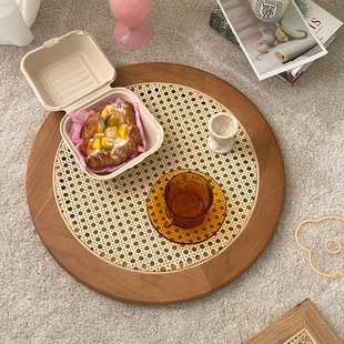 Korean ins Solid Wood Rattan Plate vintage Decoration Ornaments Round Food Tray Photography Internet Celebrity Props