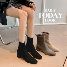 巨巨舒服~2025年新款粗跟弹力绒面瘦瘦靴百搭韩版高跟短靴女