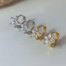 跨境欧美高级感花朵镶钻s925纯银耳扣花形圆圈耳环耳饰女百搭轻奢