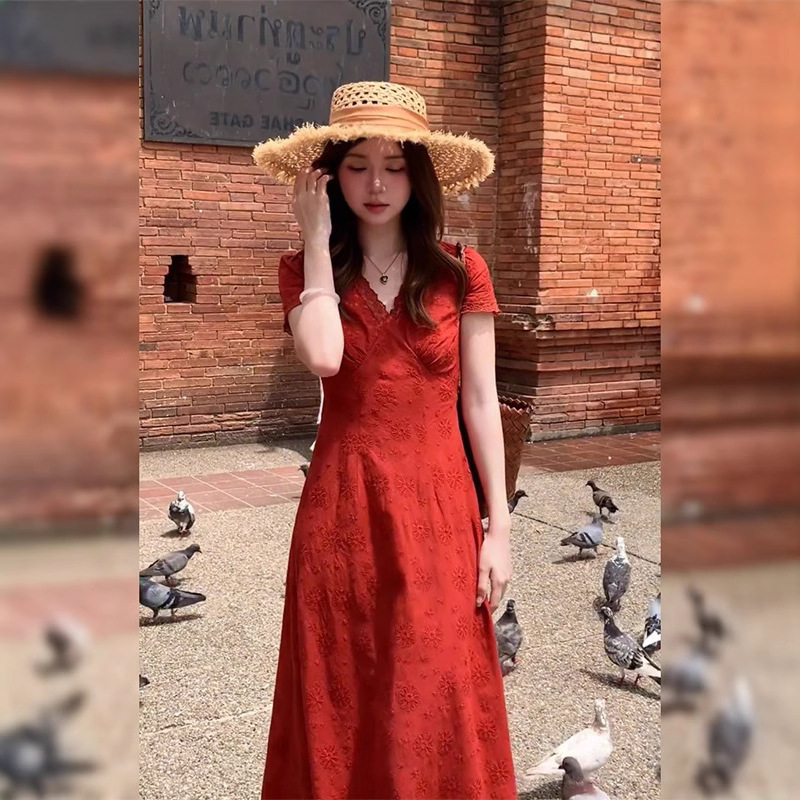 レトロなスタイルの赤い襟半袖ドレス女性の夏の新しいウエスト痩身ロングスカートファッション婦人服|undefined