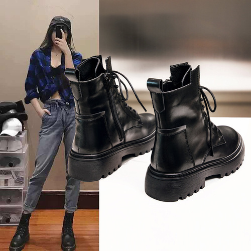 Spring and Autumn Women's 2025 Genuine Leather Motorbike Boots Winter Fleece Short Boots British Style Thick Sole Martin Boots for Women