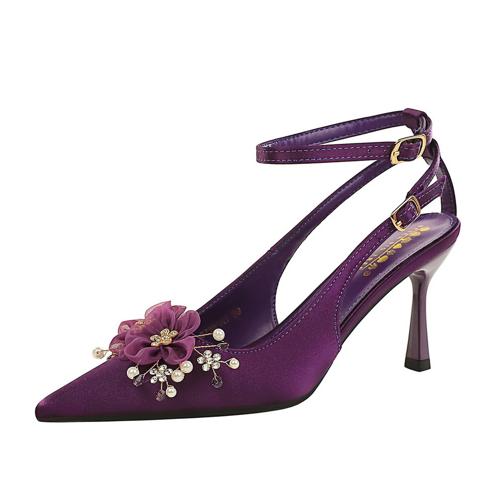 8718-AH113 French hollowed out high heels, silk, rhinestone, flower bridal shoes, hollowed out thin heels, straight strap, single shoe