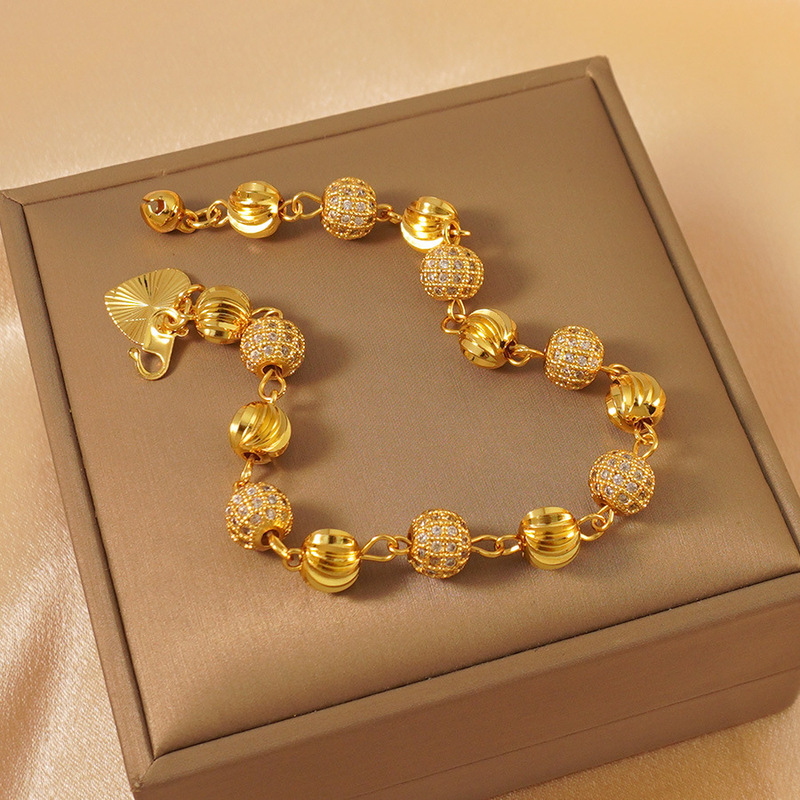 Bohemian beaded women's fashion bracelet, 24K gold-plated with cubic zirconia, elegant style