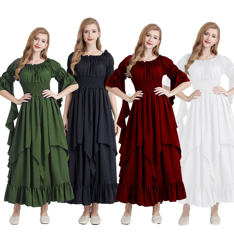 Halloween costume Amazon popular European and American square collar binding waist Medieval Renaissance retro dress