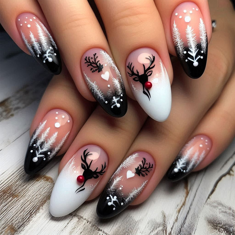 Christmas Elk Theme Manicure Almond Nails Cross-Border Dot Diamond Short Wearable Nails 24 Pieces Nail Patch