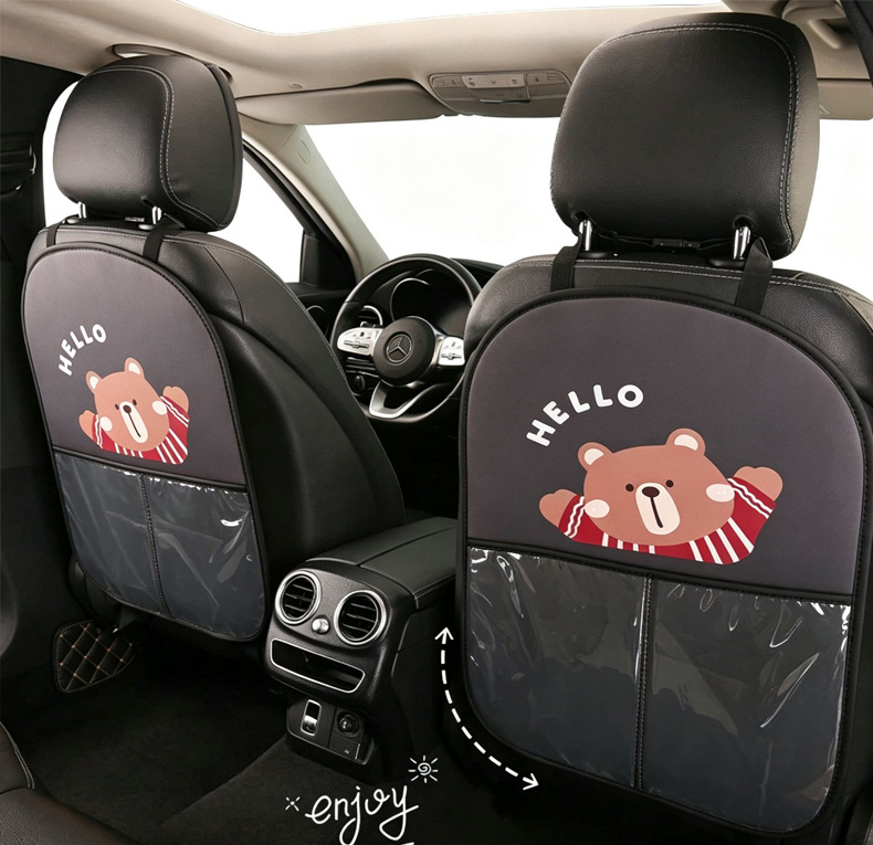 Women's Cute Cartoon Car Seat Back Anti-Kick Pad, Car Seat Back Anti-Stain Pad with Storage Strap