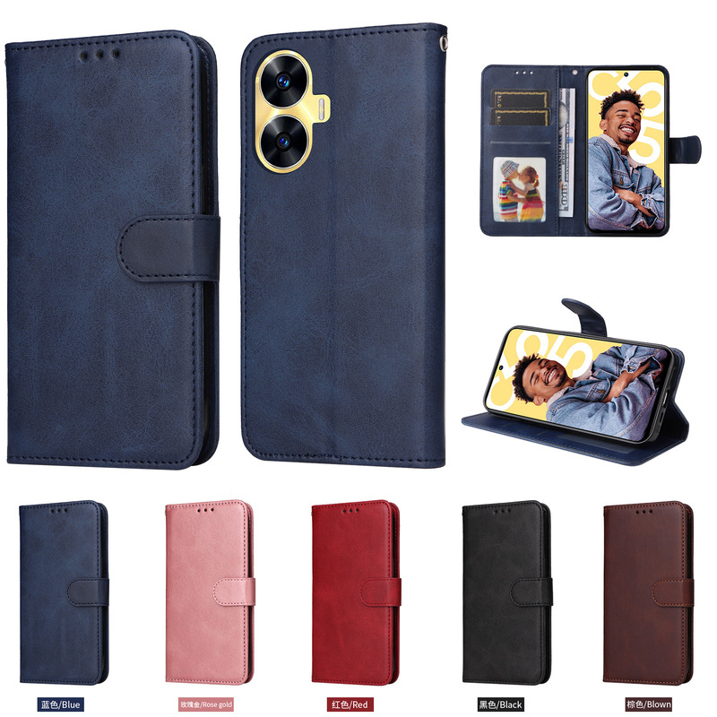 Business Pure Color Calf Pattern Leather Case Suitable for Samsung A07 3 Card Photo Frame A17/A36 Flip Card