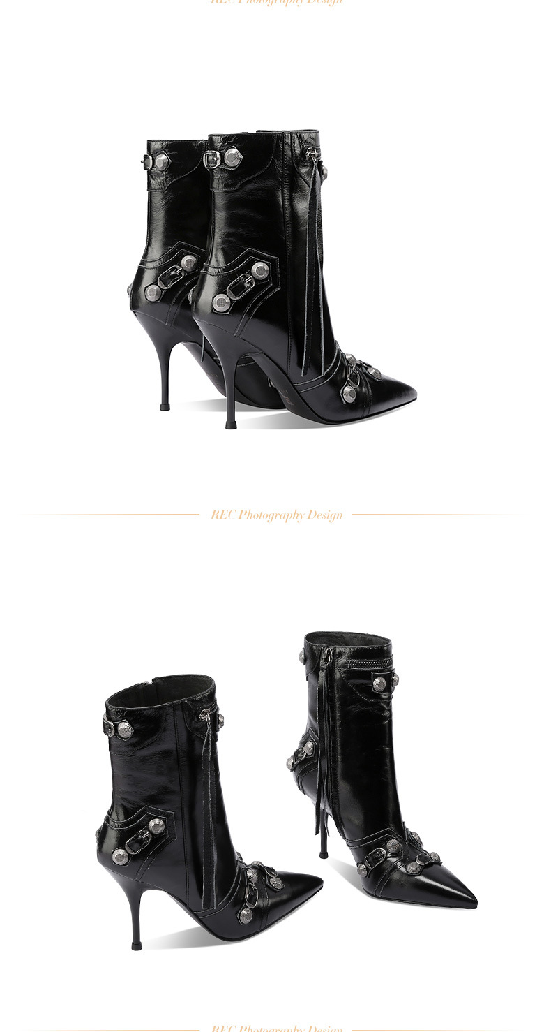 Boot ngắn mũi nhọn đinh tán phong cách punk gót nhọn dây kéo bên màu đen — Màu đen (lót nhung) chi tiết 15