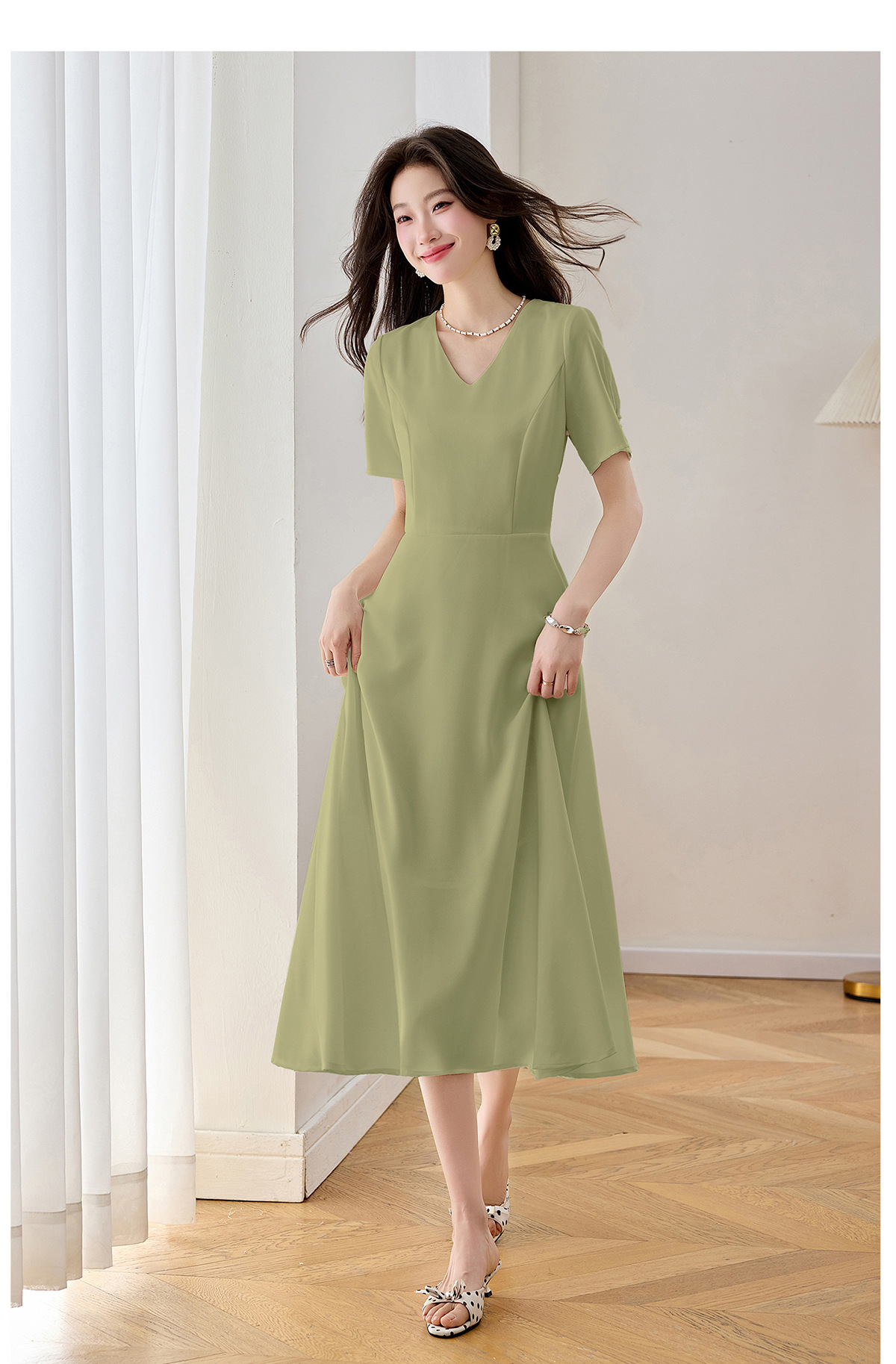 Đầm maxi nữ thắt eo cổ V dáng dài phối màu trơn — màu xanh đậm, màu tím, màu trắng chi tiết 26