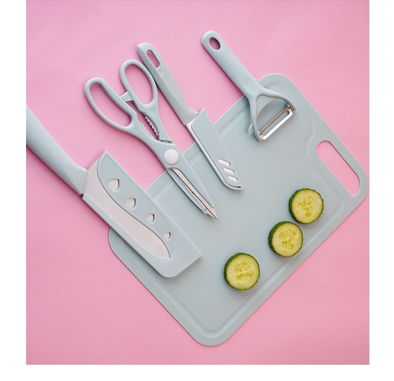 Portable Cutting Board Set 5 Piece Food Grade Plastic Chopping Boards with Stainless Steel Knives for Baby Food and Travel preparation