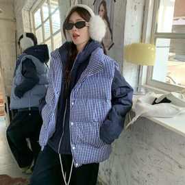 洋气时髦高级感蓝色格子马甲上衣面包服外套女款2025秋冬新款韩系