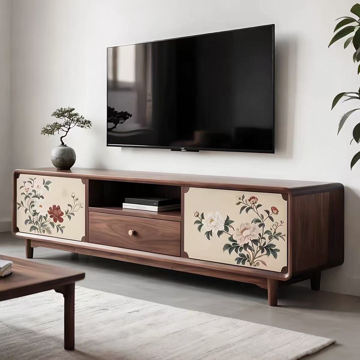 2025 New Chinese Style Solid Wood Tv Cabinet Hand-Painted Flower and Bird Pattern Walnut Light Luxury Living Room Storage Cabinet Song Aesthetic