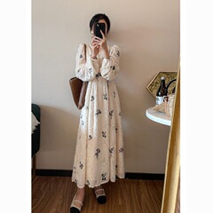 2025 ドレス女性初秋の新しいスタイル小柄な長袖花柄スカート痩身気質ドレープフレンチロングスカート
