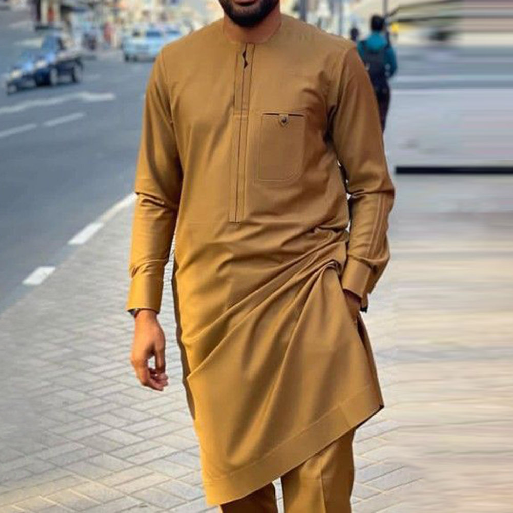 Traje de boda tradicional africano para hombre, conjunto de 2 piezas, cuello redondo, manga larga, top y pantalones, comercio exterior