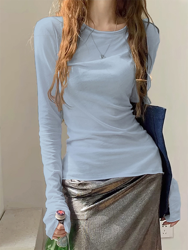 韩系蓝色圆领微透卷边长袖打底衫女秋季辣妹薄款修身显瘦T恤上衣|undefined