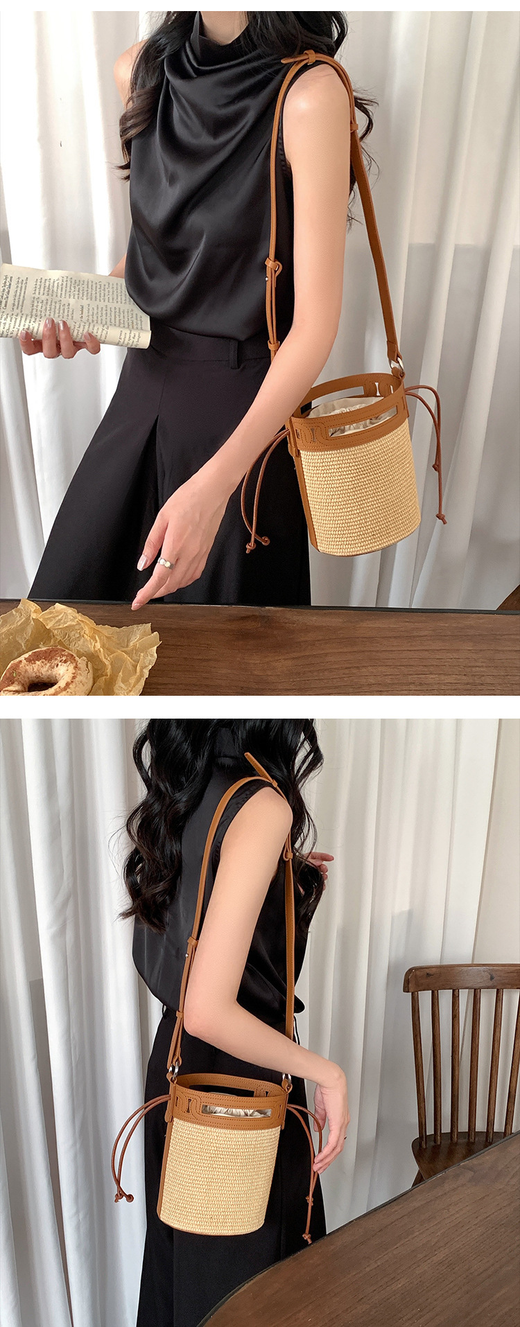 Crowdsourced Design Grass for Women 2024 New Color Contrast Woven Bucket Crossbody Women's Commuting Shoulder Bag_voghion.com