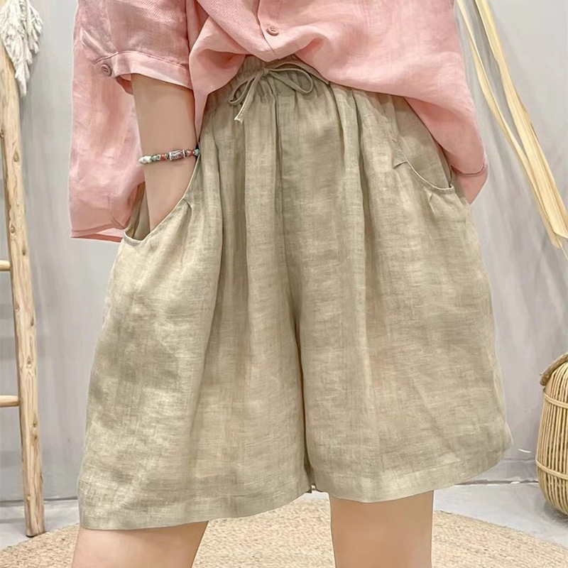 This Summer's New Style Simple Pure Color Cotton and Linen Five-Point Pants Are Loose and Versatile, Thin Drawstring Waist Slimming Shorts for Women