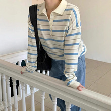 ins韩国博主穿搭单排扣翻领红色条纹宽松针织衫miu系复古上衣女装