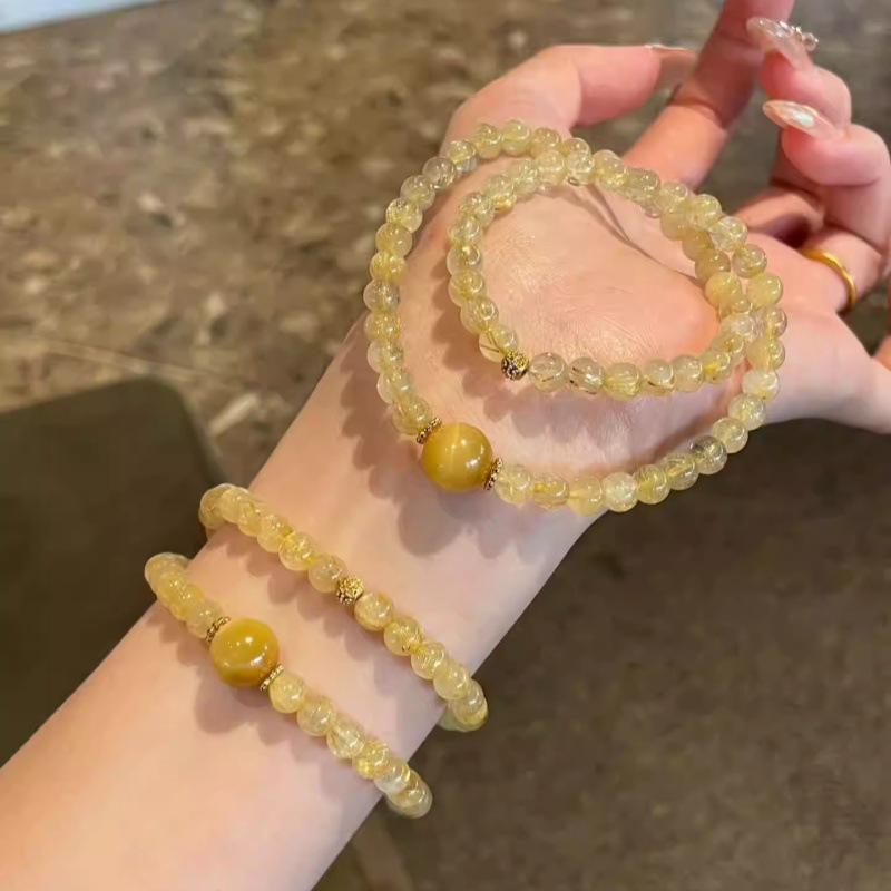 Natural Crystal Bracelet, Golden Hair Crystal, Yellow Hair Crystal, Accessible Luxury Niche, Retro Good Luck, White Crystal Stacked Double Circle Bracelet Gift